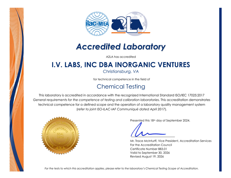 Inorganic Ventures ISO 17025 akreditasyonu