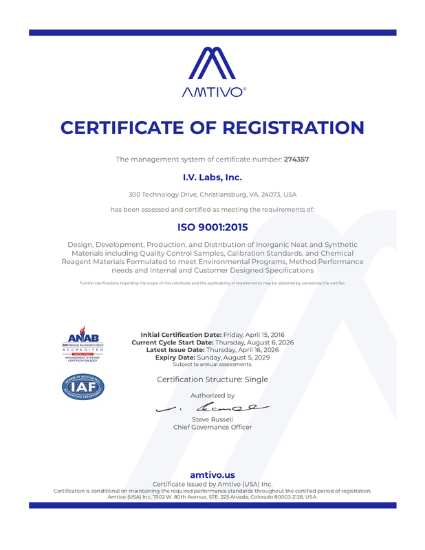 Inorganic Ventures ISO 9001 sertifikası