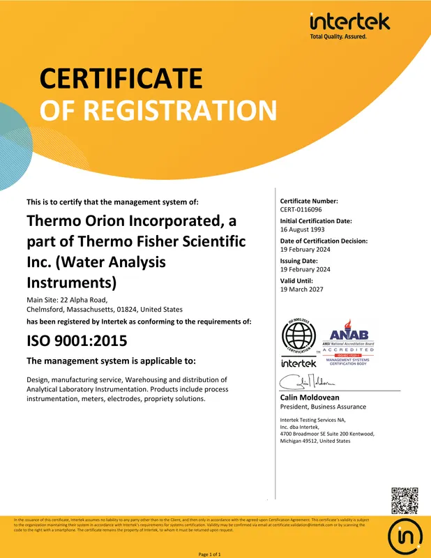 Thermo Fisher Scientific ISO 9001 Kalite Yönetim Sistemi belgesi